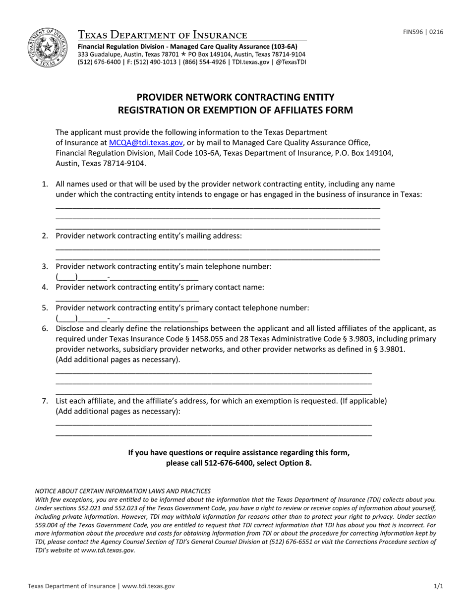 Form FIN596 Provider Network Contracting Entity Registration or Exemption of Affiliates Form - Texas, Page 1