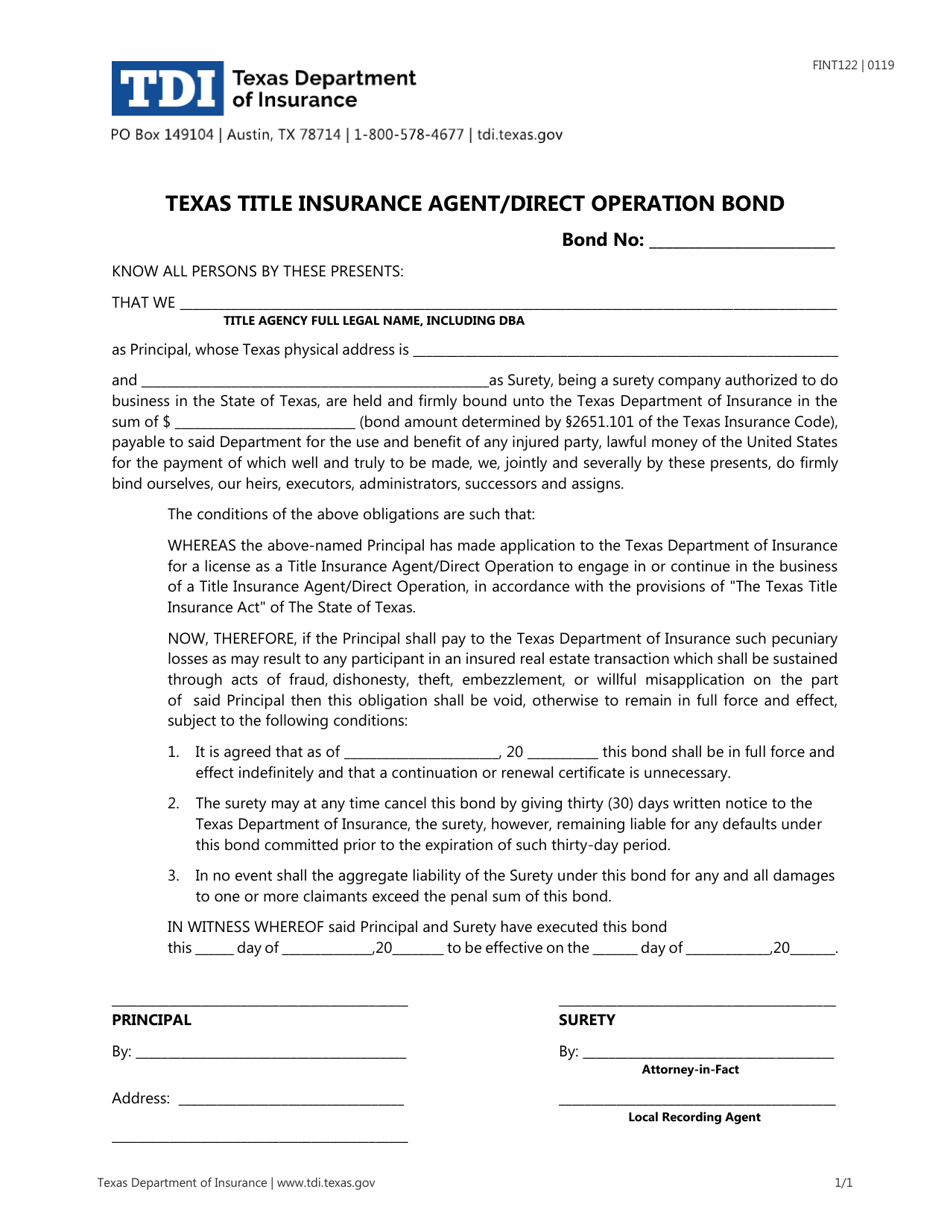 Form FINT122 Texas Title Insurance Agent / Direct Operation Bond - Texas, Page 1