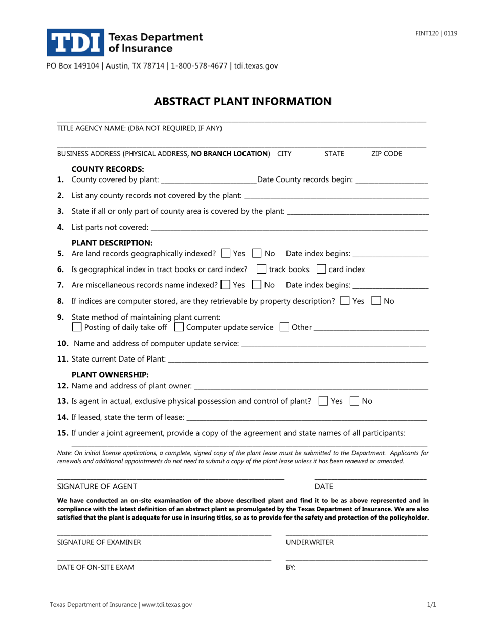 Form FINT120 Abstract Plant Information - Texas, Page 1