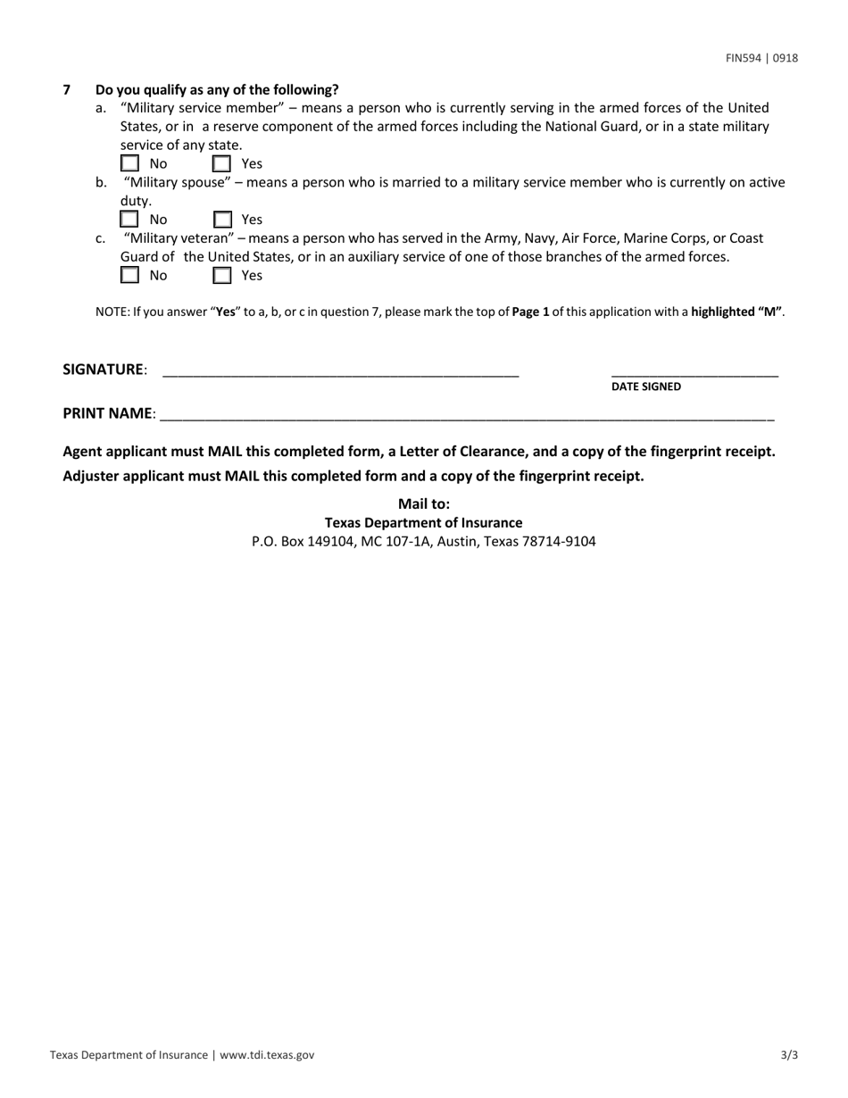 Form FIN594 Application for Residency Change to Texas - Texas, Page 3