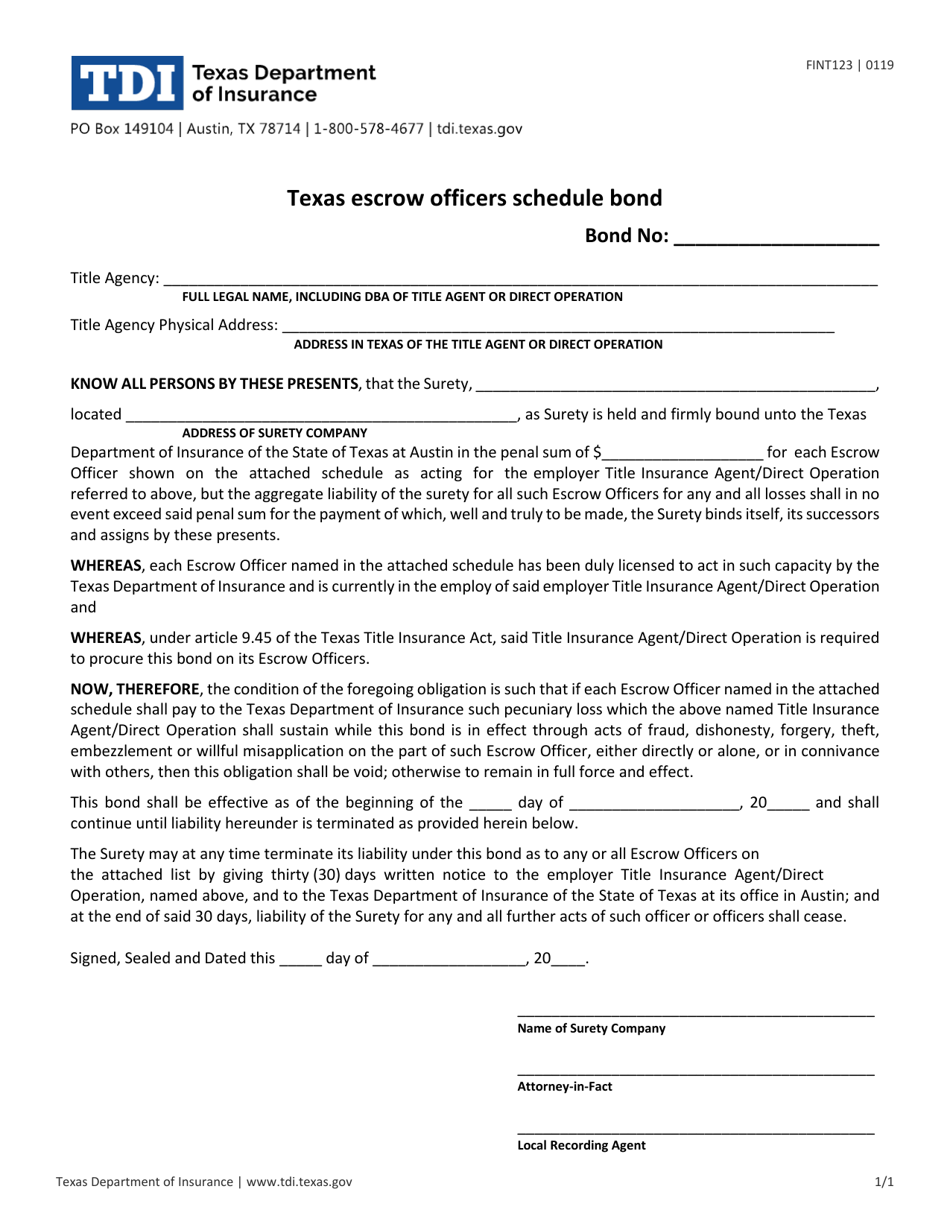 Form FINT123 Texas Escrow Officers Schedule Bond - Texas, Page 1