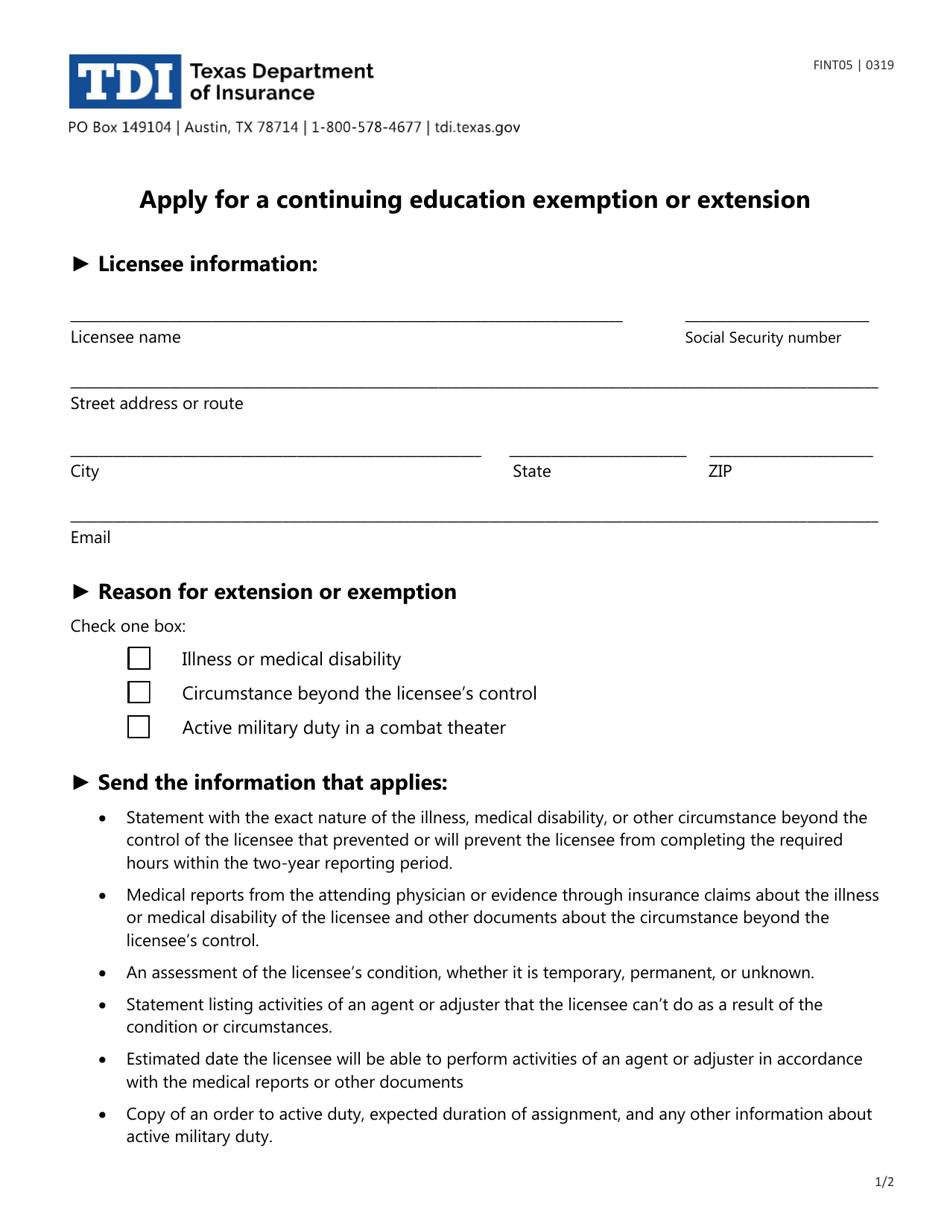 Form FINT05 Apply for a Continuing Education Exemption or Extension - Texas, Page 1