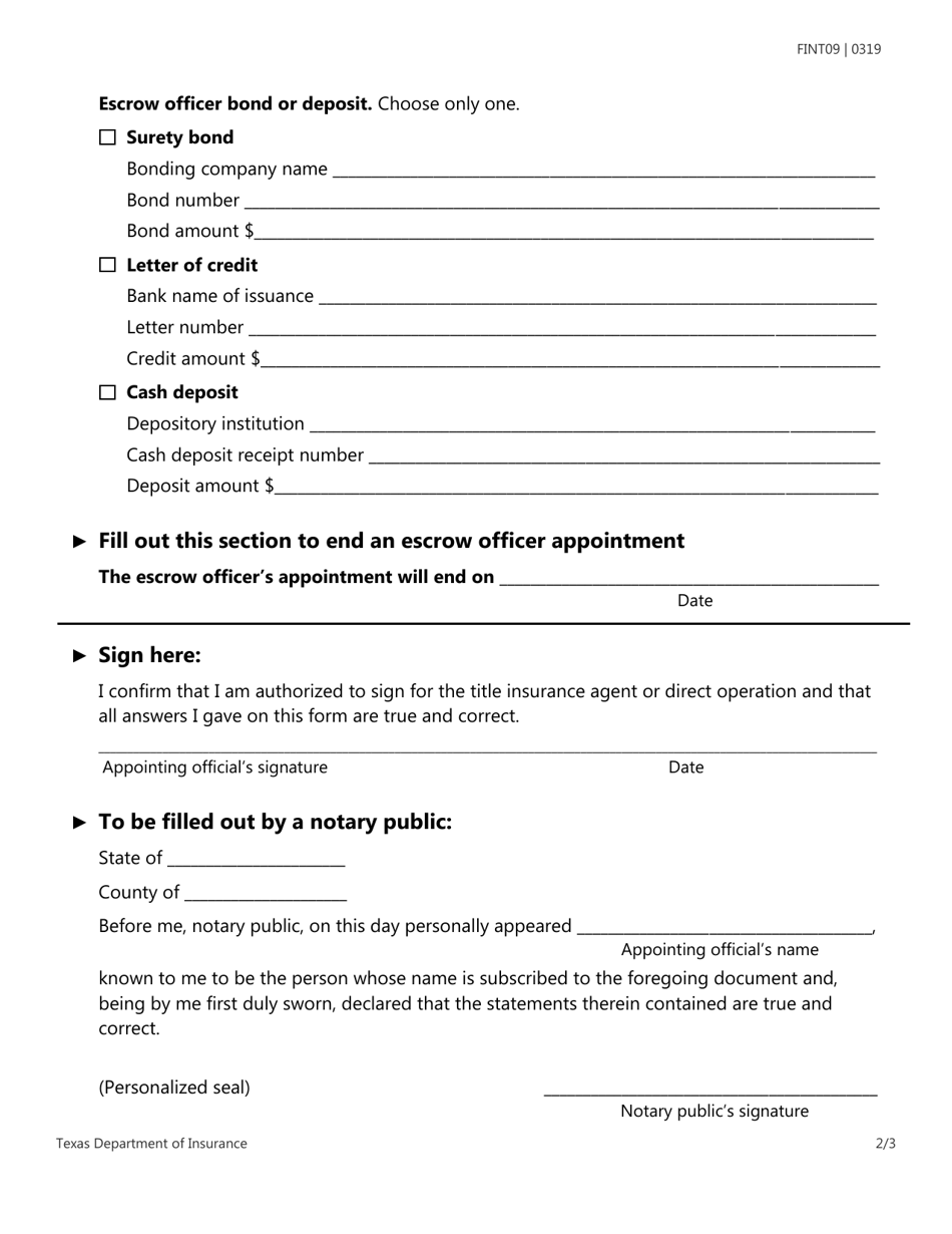 Form FINT09 Escrow Officer Appointment - Texas, Page 2