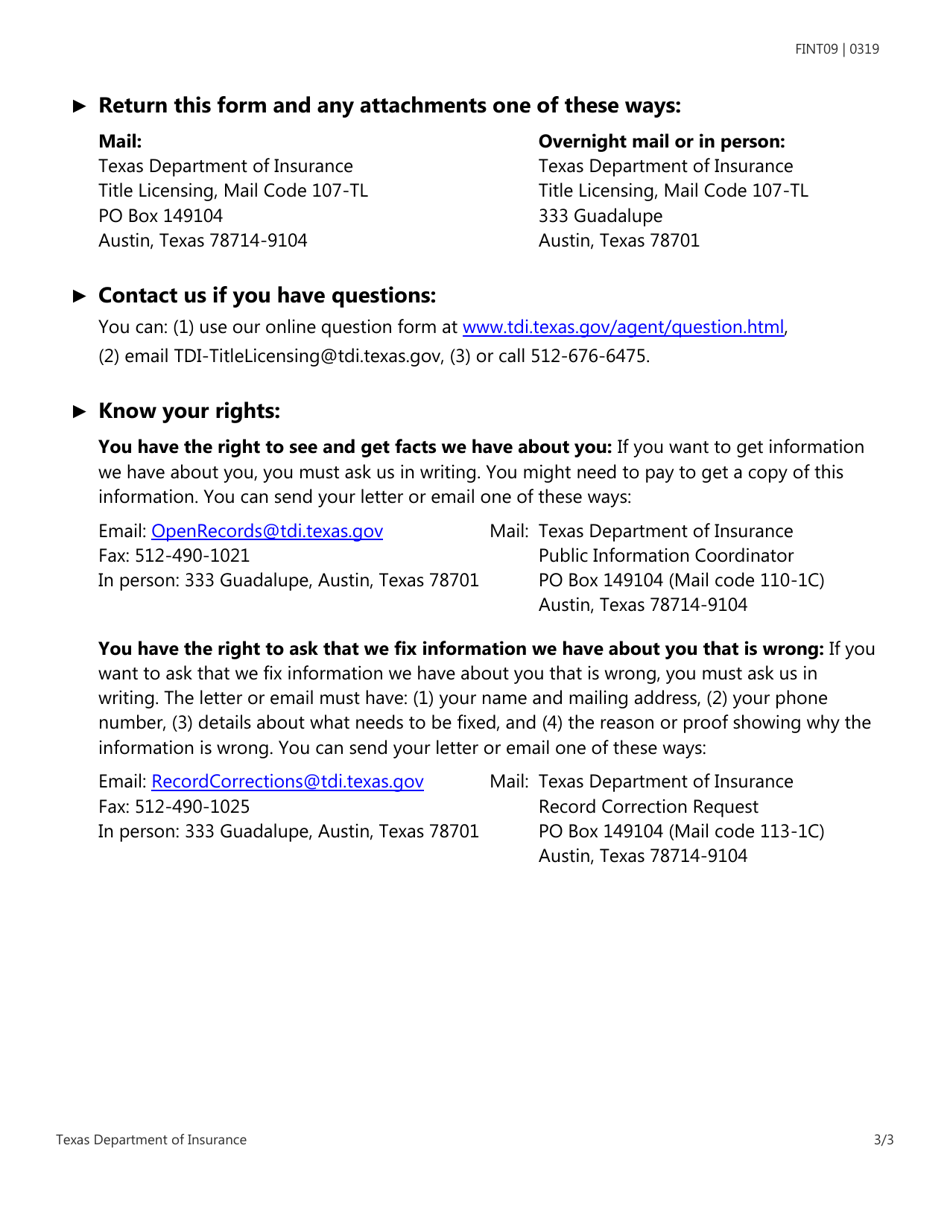 Form FINT09 Escrow Officer Appointment - Texas, Page 3