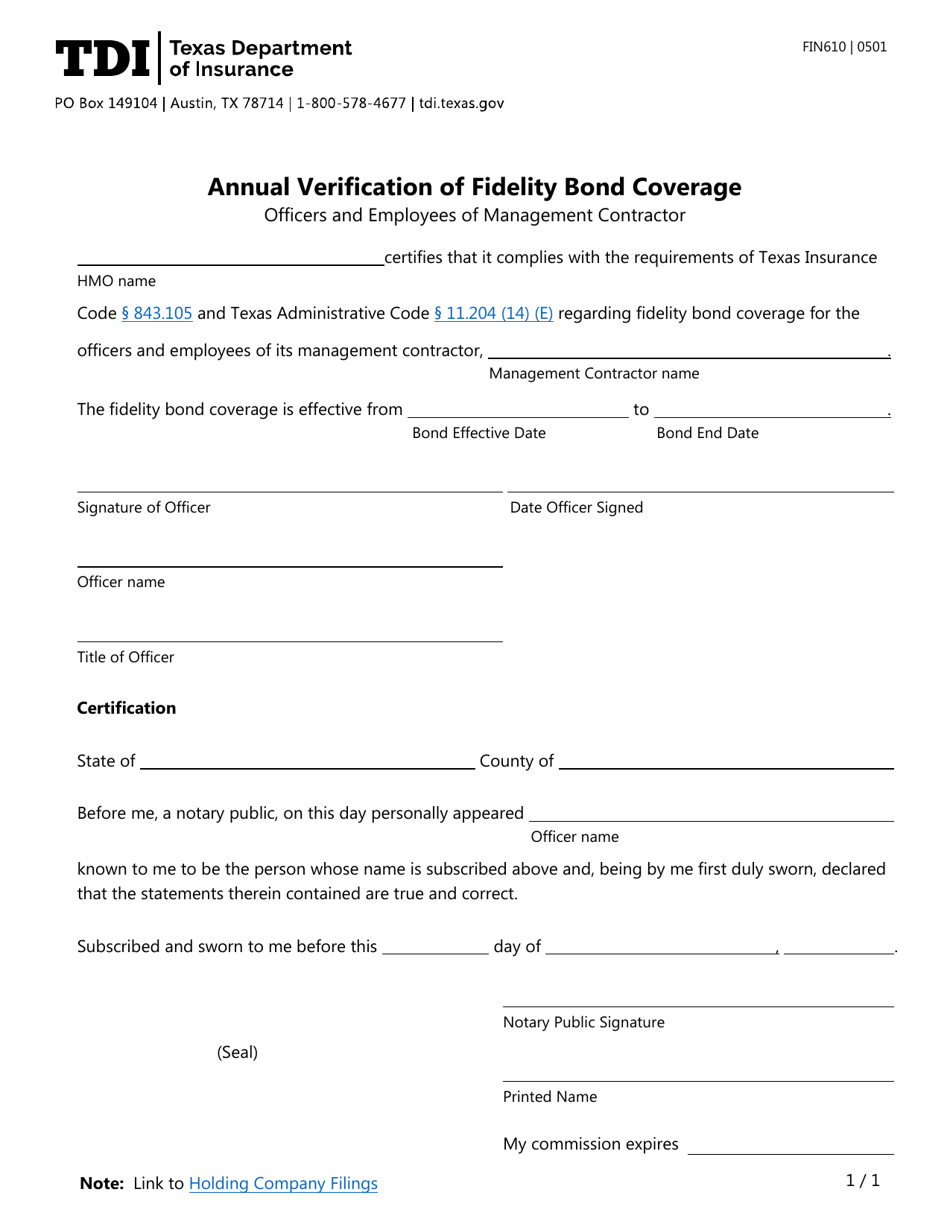 Form FIN610 Annual Verification of Fidelity Bond Coverage - Texas, Page 1