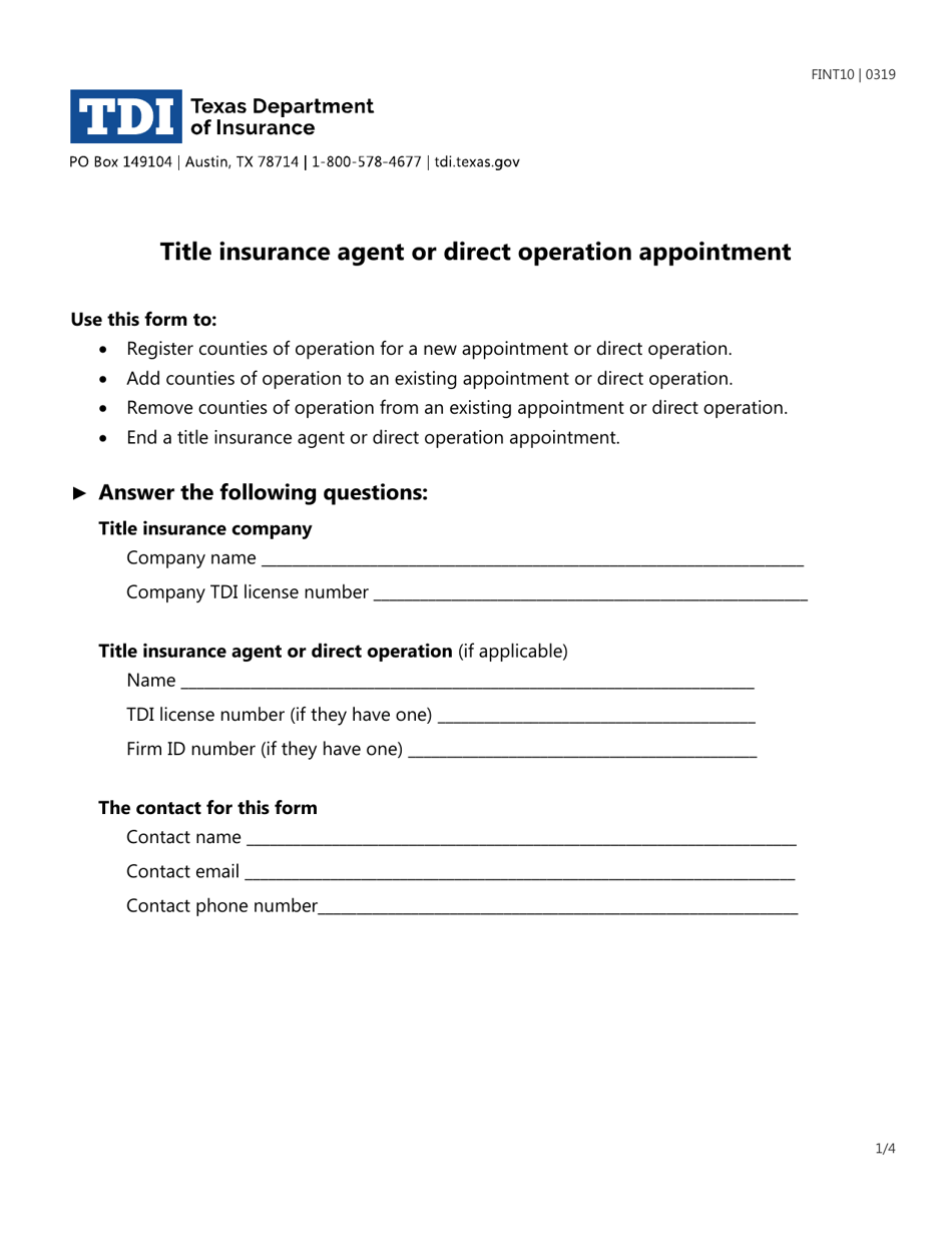 Form FINT10 Title Insurance Agent or Direct Operation Appointment - Texas, Page 1
