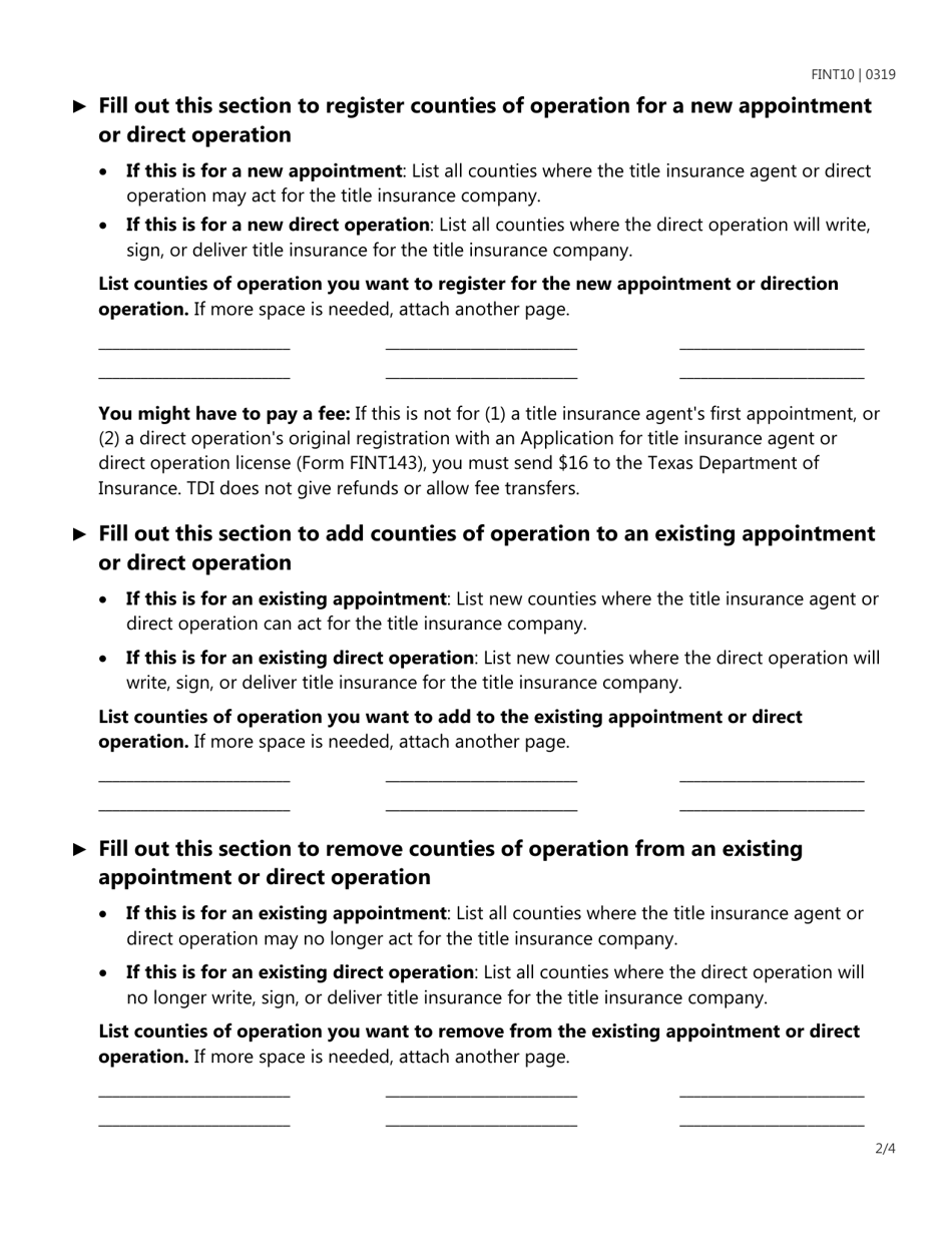 Form FINT10 Title Insurance Agent or Direct Operation Appointment - Texas, Page 2
