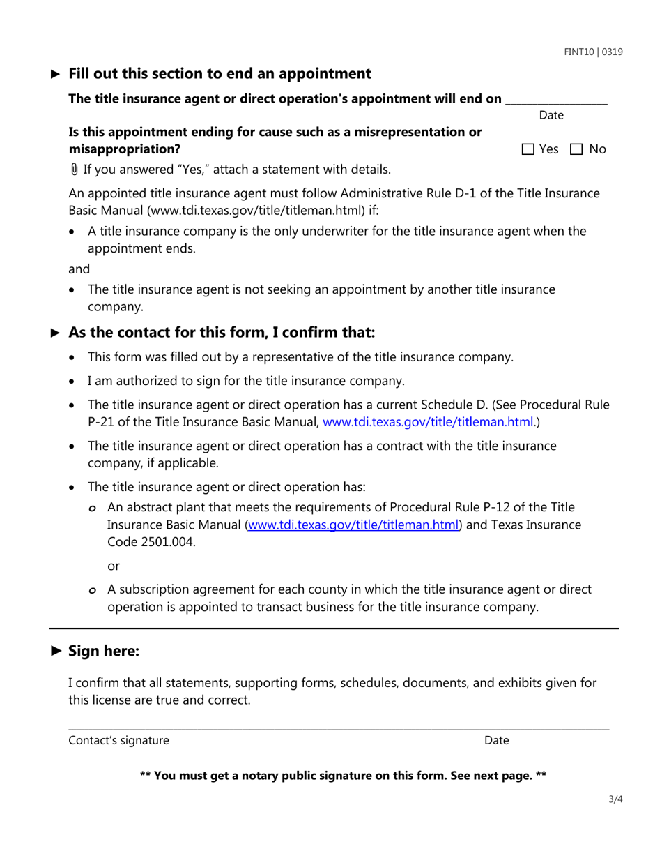 Form FINT10 Title Insurance Agent or Direct Operation Appointment - Texas, Page 3