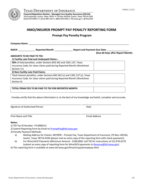 Form FIN593 HMO/Insurer Prompt Pay Penalty Reporting Form - Texas