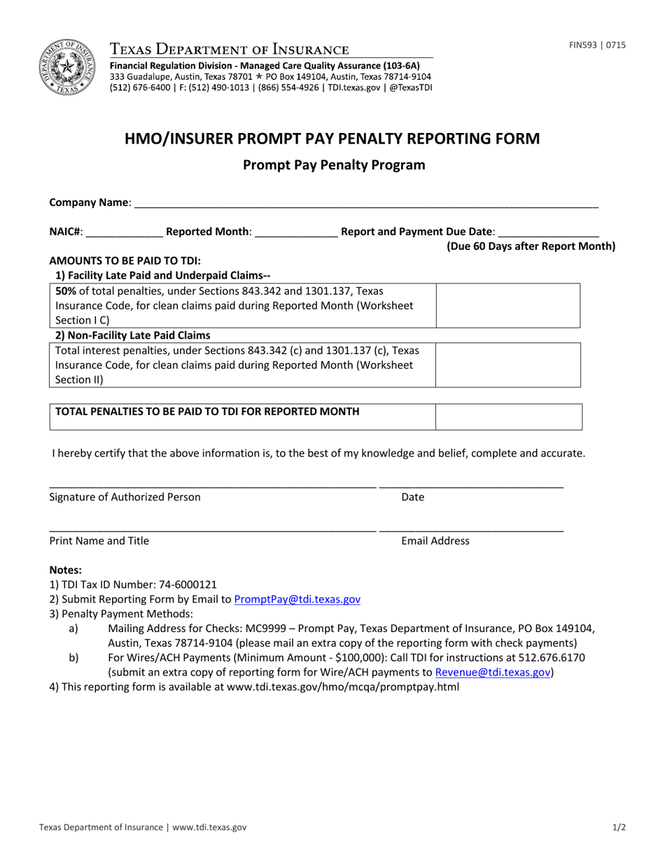 Form FIN593 HMO / Insurer Prompt Pay Penalty Reporting Form - Texas, Page 1