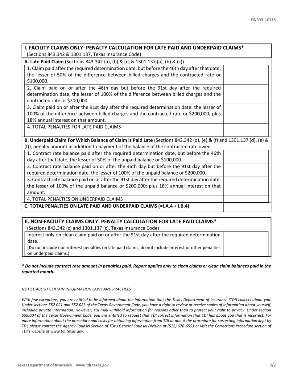 Form FIN593 HMO / Insurer Prompt Pay Penalty Reporting Form - Texas, Page 2