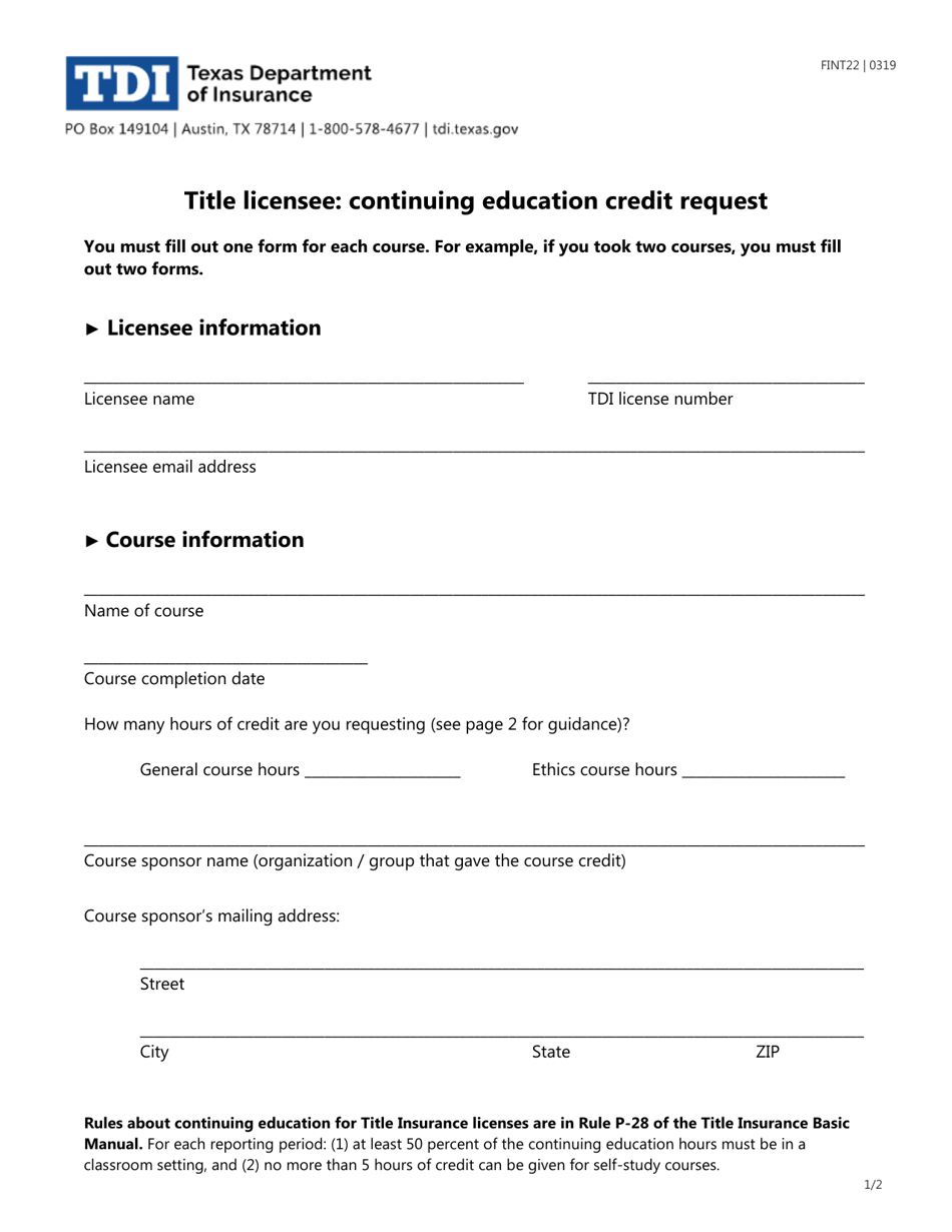 Form FINT22 Title Licensee: Continuing Education Credit Request - Texas, Page 1