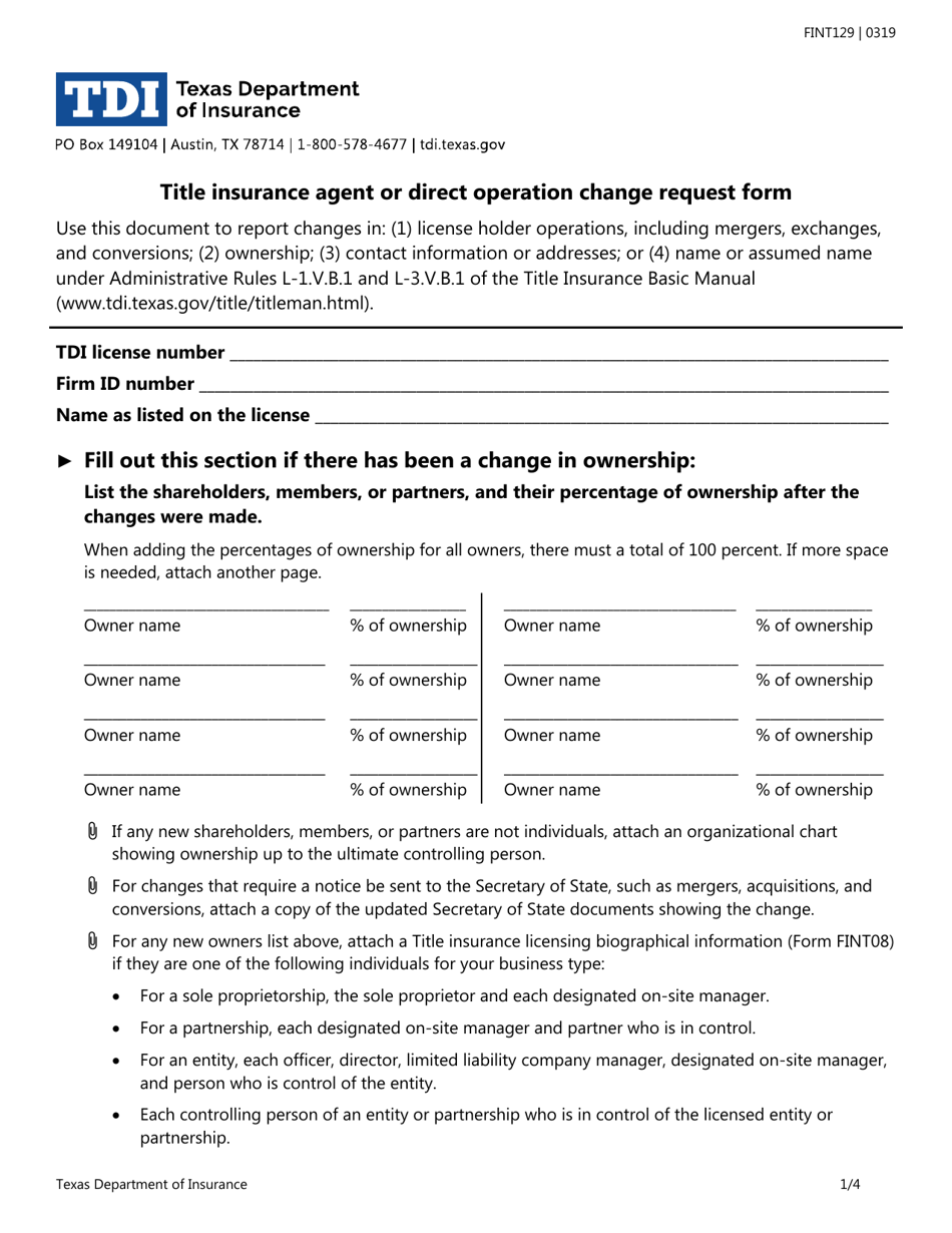 Form FINT129 Title Insurance Agent or Direct Operation Change Request Form - Texas, Page 1