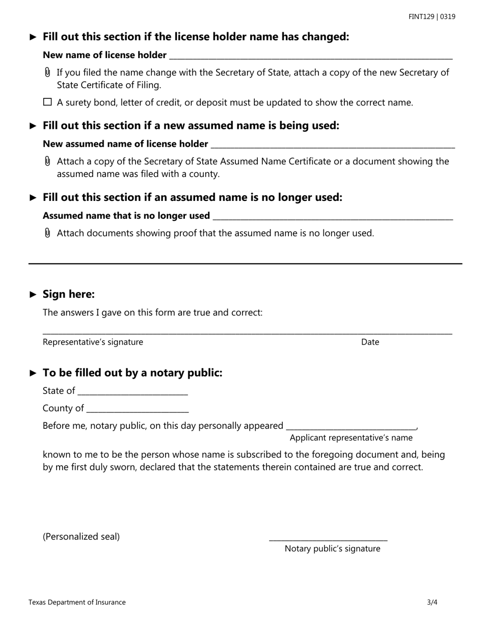 Form FINT129 Title Insurance Agent or Direct Operation Change Request Form - Texas, Page 3