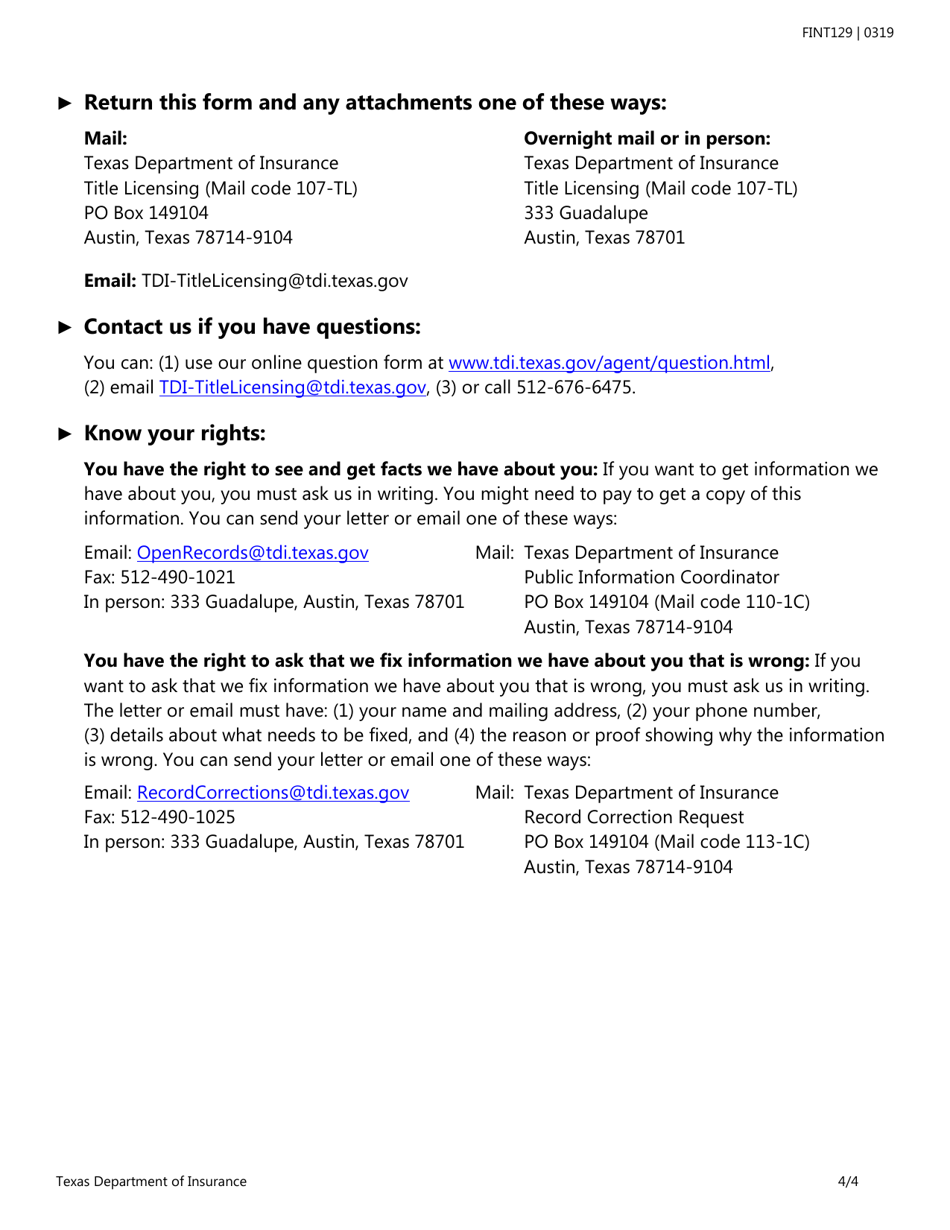 Form FINT129 Title Insurance Agent or Direct Operation Change Request Form - Texas, Page 4