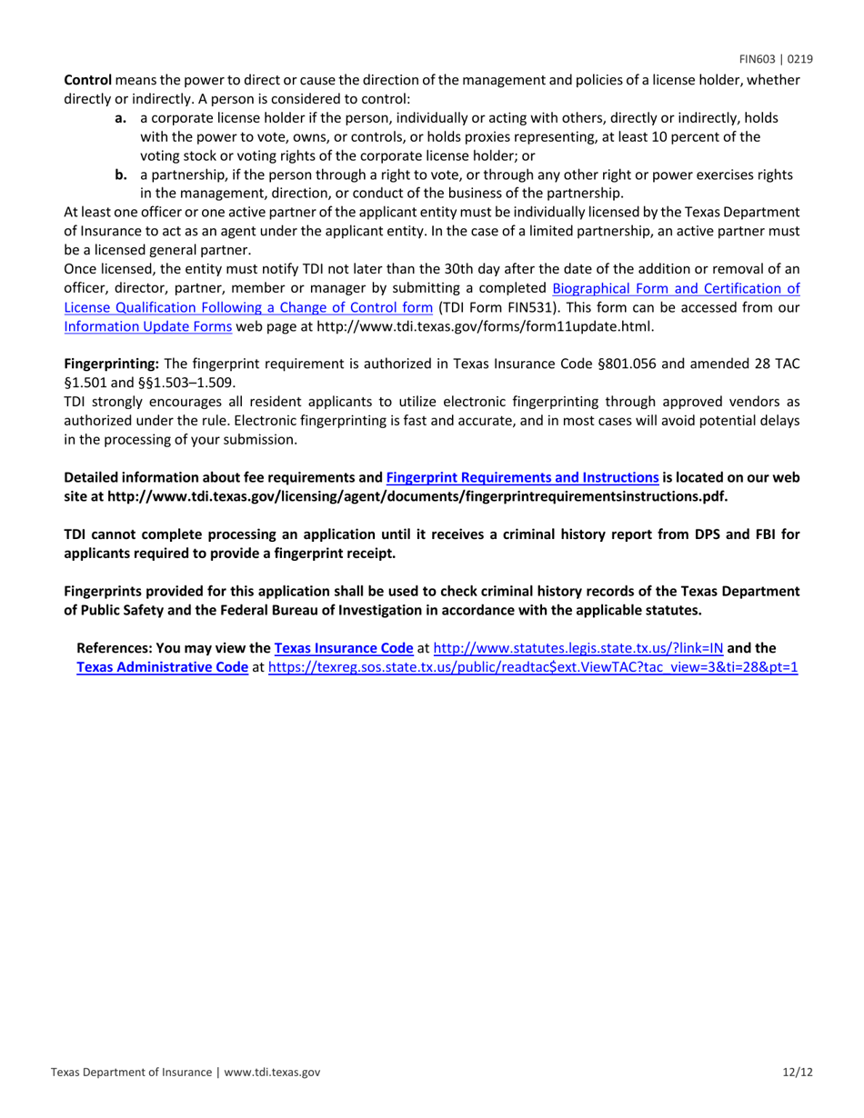 Form FIN603 Application for Adjuster Entity License - Texas, Page 12