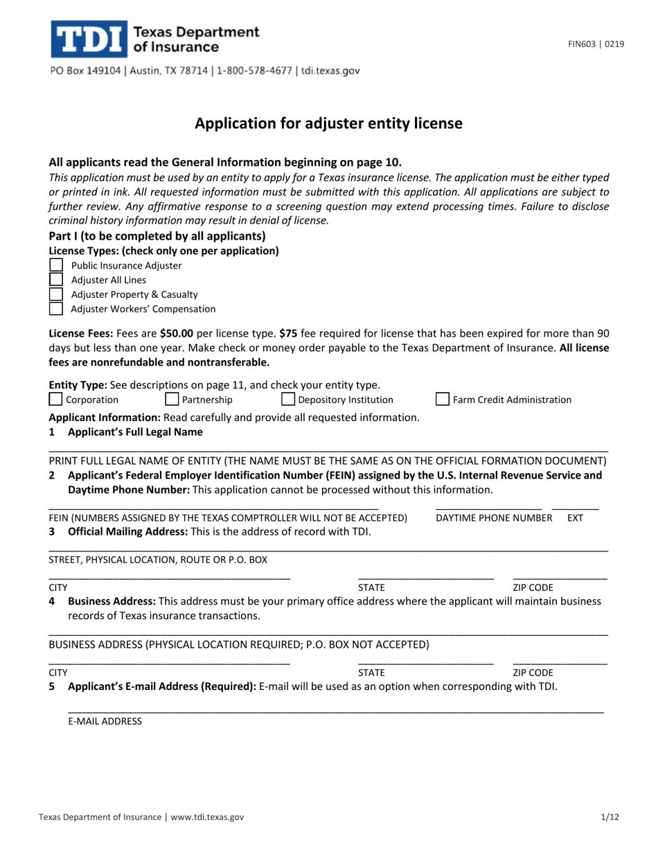 Form FIN603 Application for Adjuster Entity License - Texas, Page 1