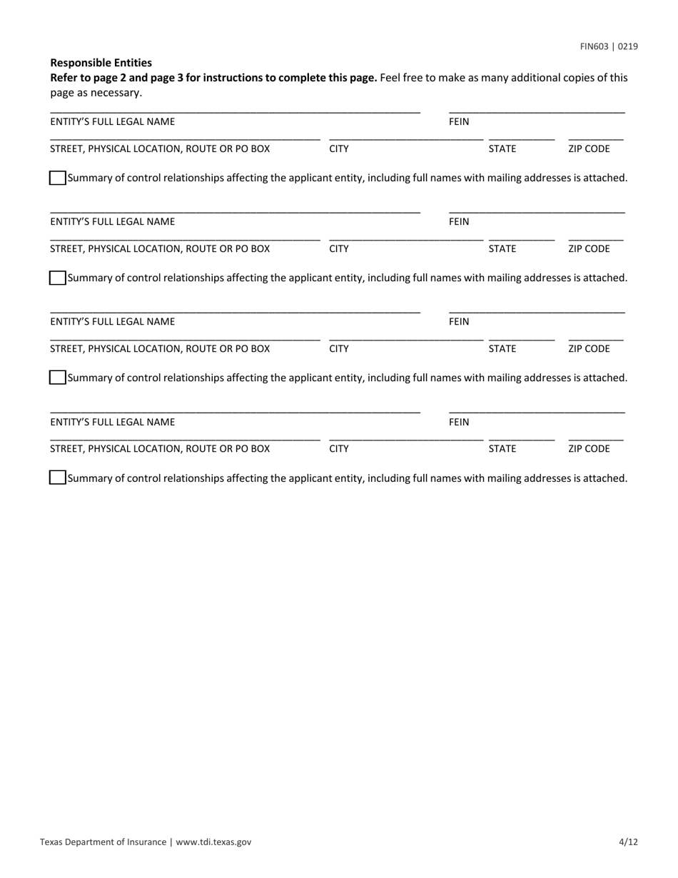 Form FIN603 Application for Adjuster Entity License - Texas, Page 4