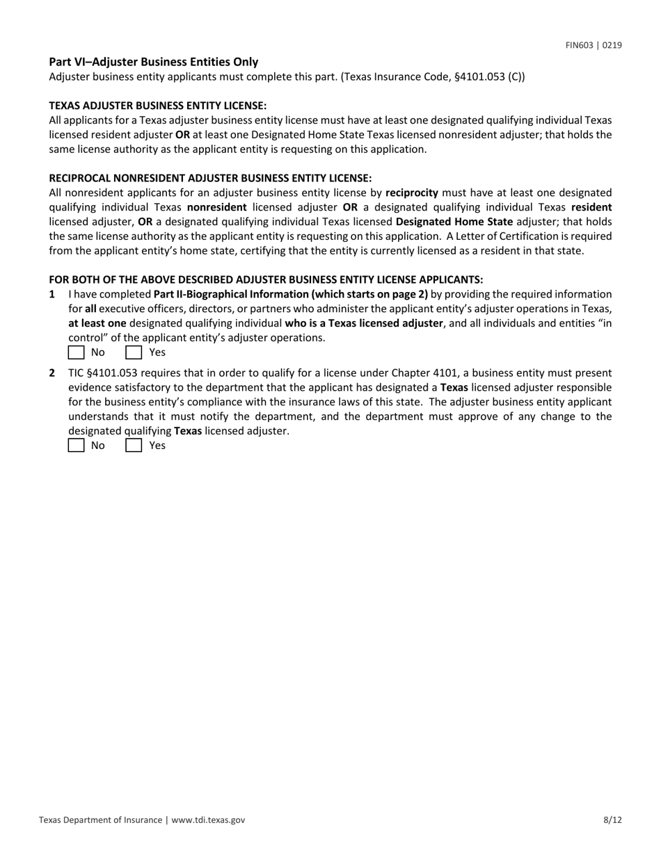 Form FIN603 Application for Adjuster Entity License - Texas, Page 8