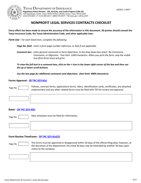 Form LAC011 Nonprofit Legal Services Contracts Checklist - Texas
