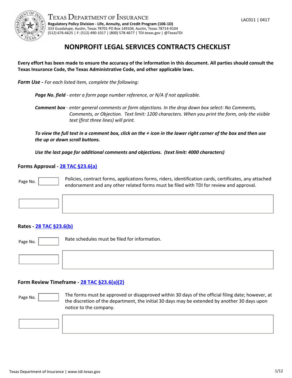 Form LAC011 Nonprofit Legal Services Contracts Checklist - Texas, Page 1