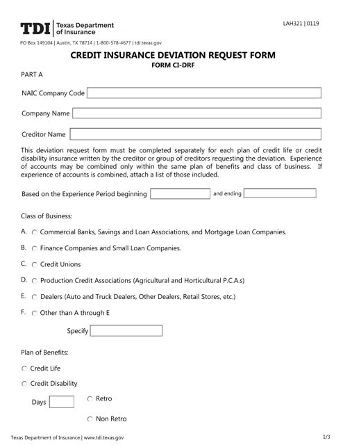 Form LAH321 (CI-DRF) Credit Insurance Deviation Request Form - Texas