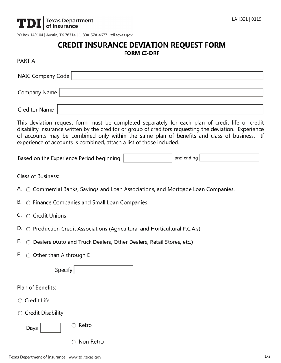 Form LAH321 (CI-DRF) Credit Insurance Deviation Request Form - Texas, Page 1