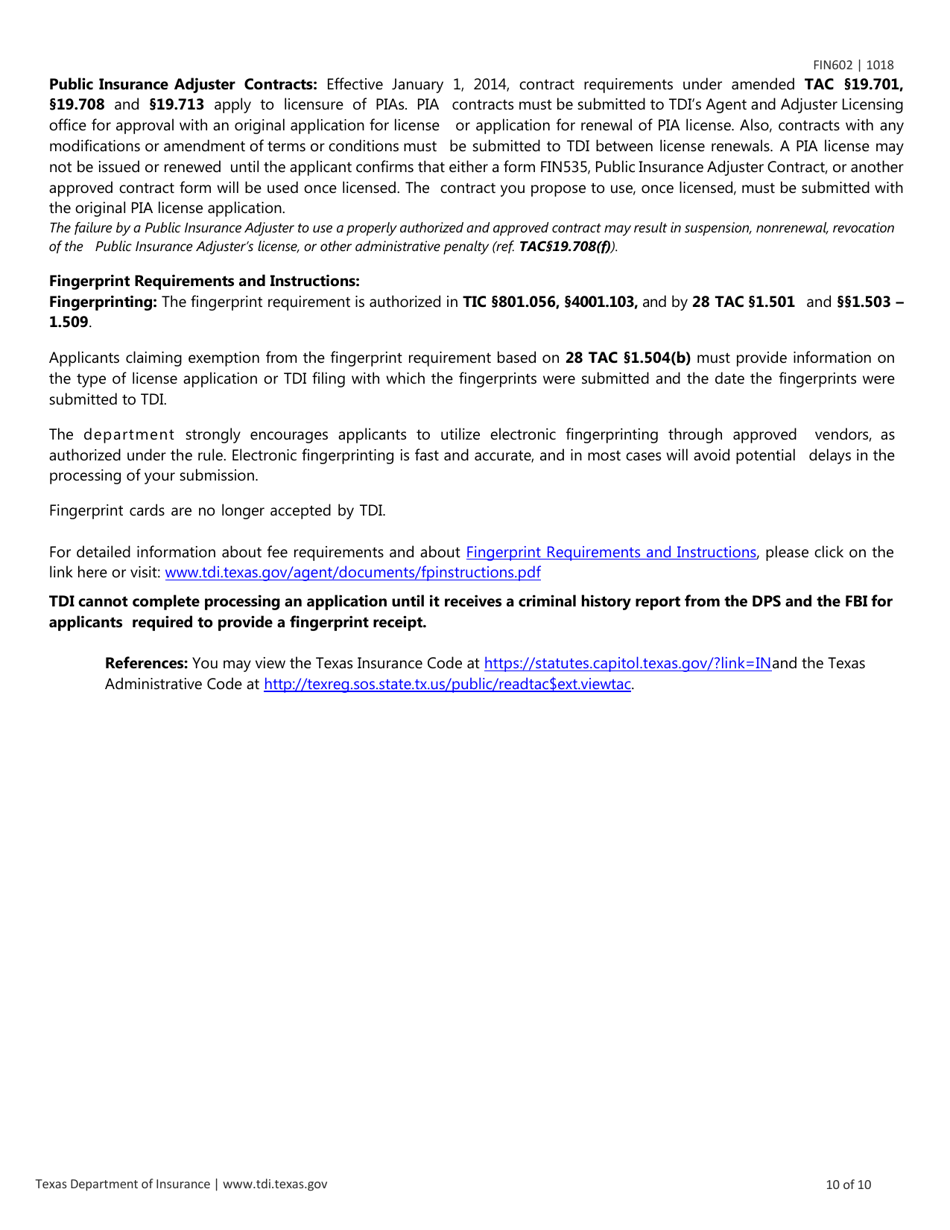 Form FIN602 Application for Individual Adjuster License - Texas, Page 10