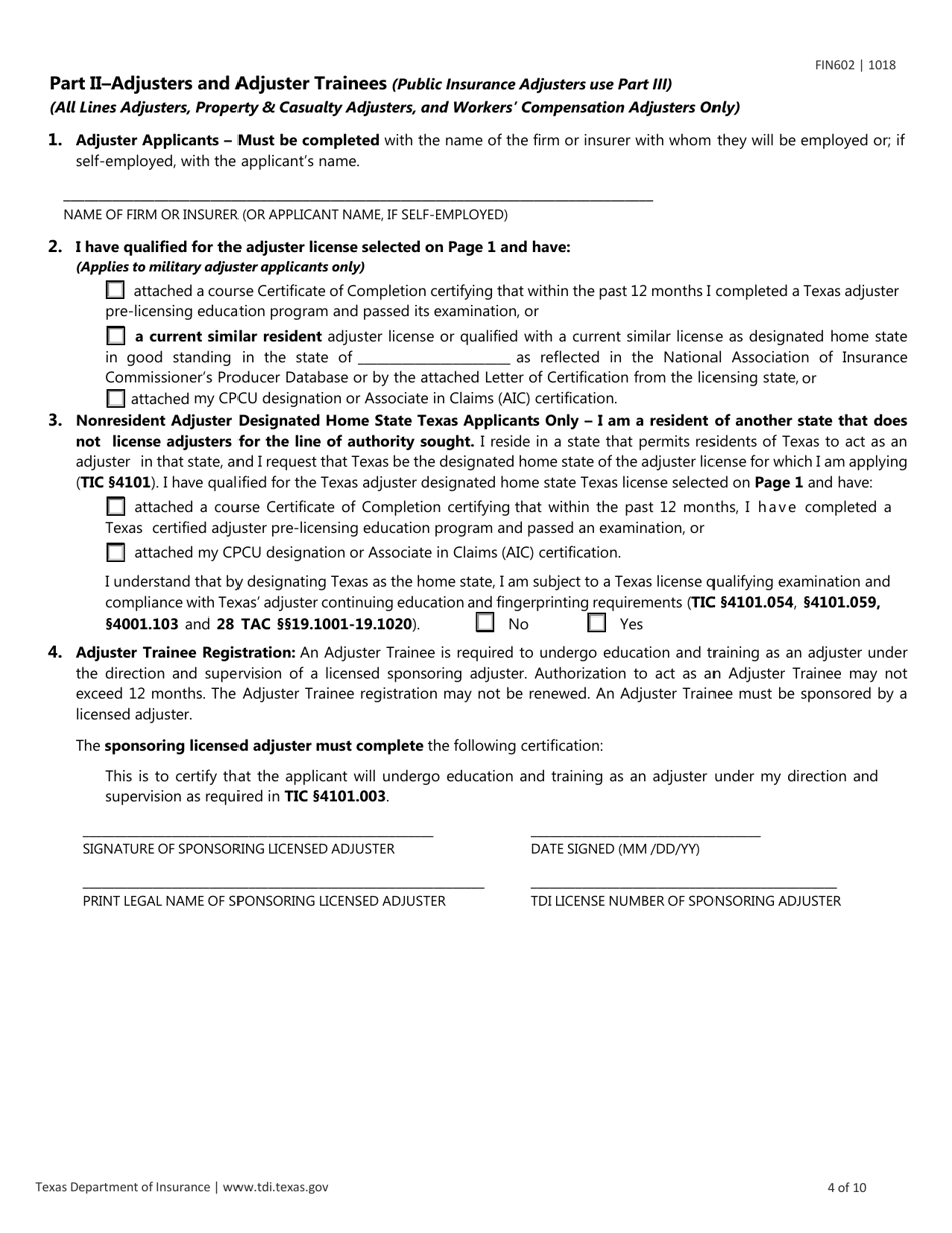 Form FIN602 Application for Individual Adjuster License - Texas, Page 4