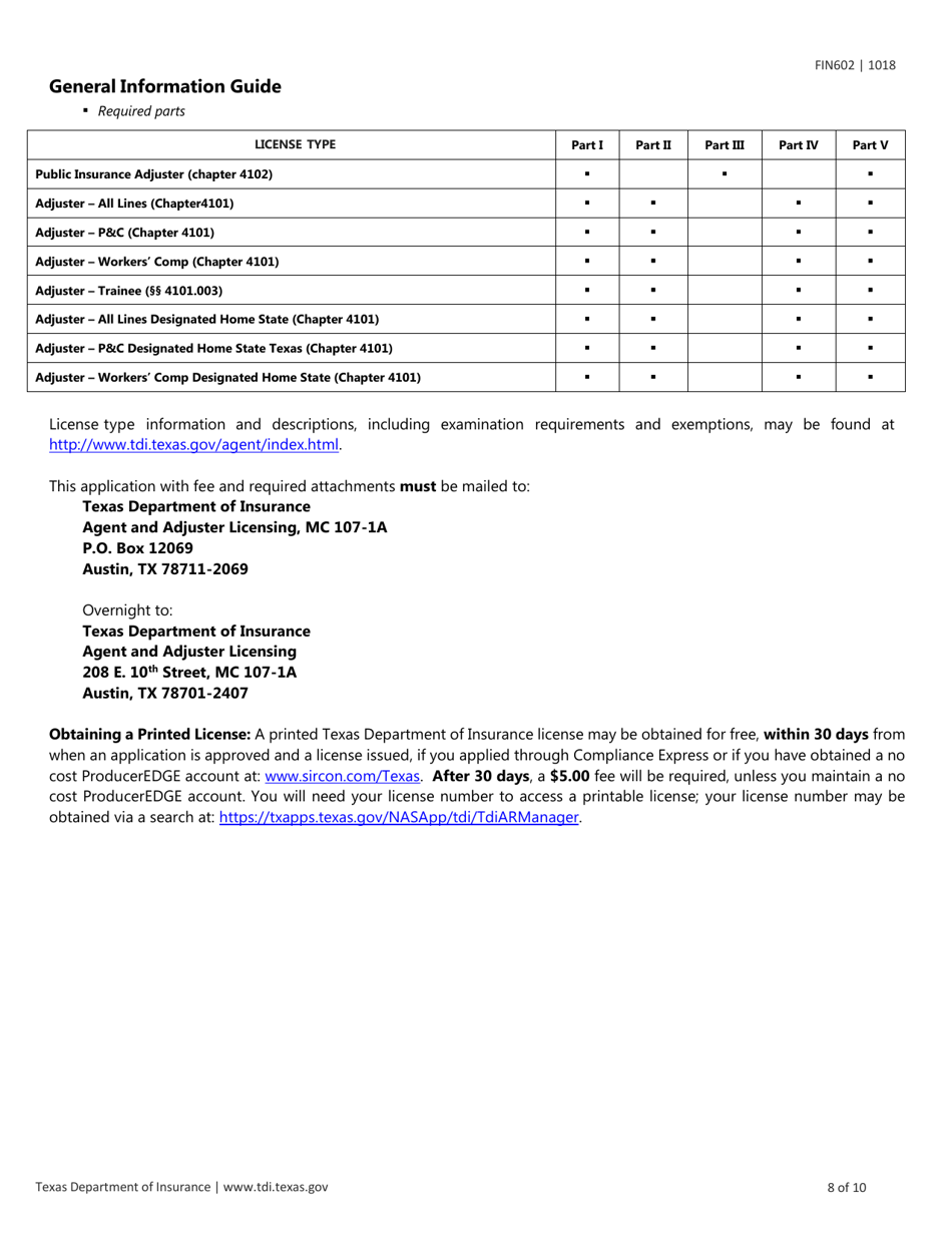 Form FIN602 Application for Individual Adjuster License - Texas, Page 8