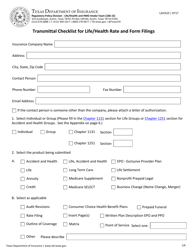 Form LAH310 Transmittal Checklist for Life/Health Rate and Form Filings - Texas