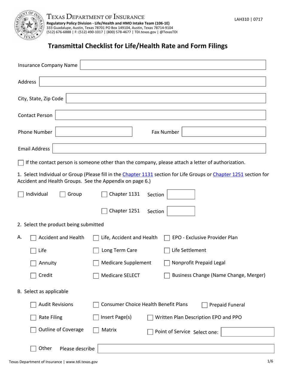Form LAH310 Transmittal Checklist for Life / Health Rate and Form Filings - Texas, Page 1