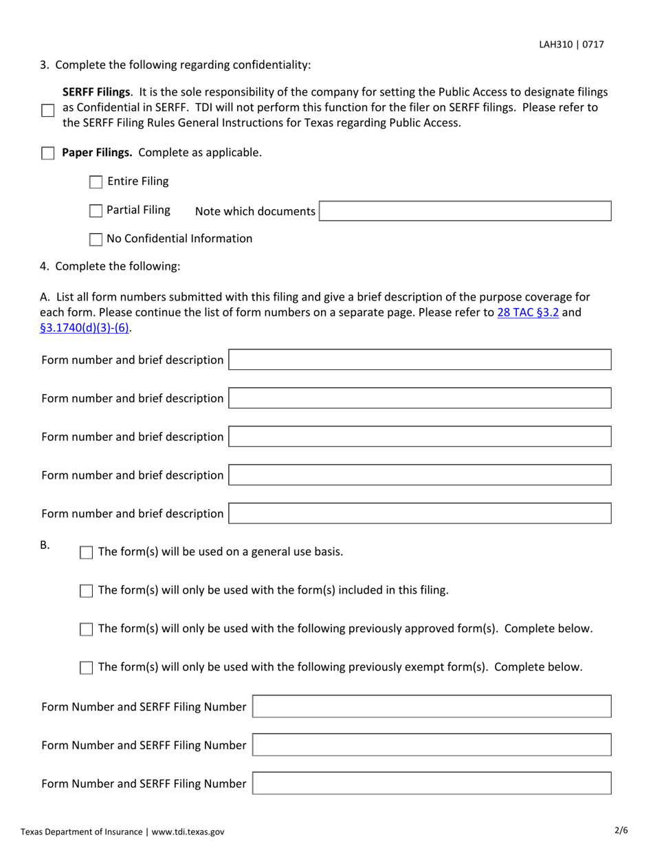 Form LAH310 Transmittal Checklist for Life / Health Rate and Form Filings - Texas, Page 2