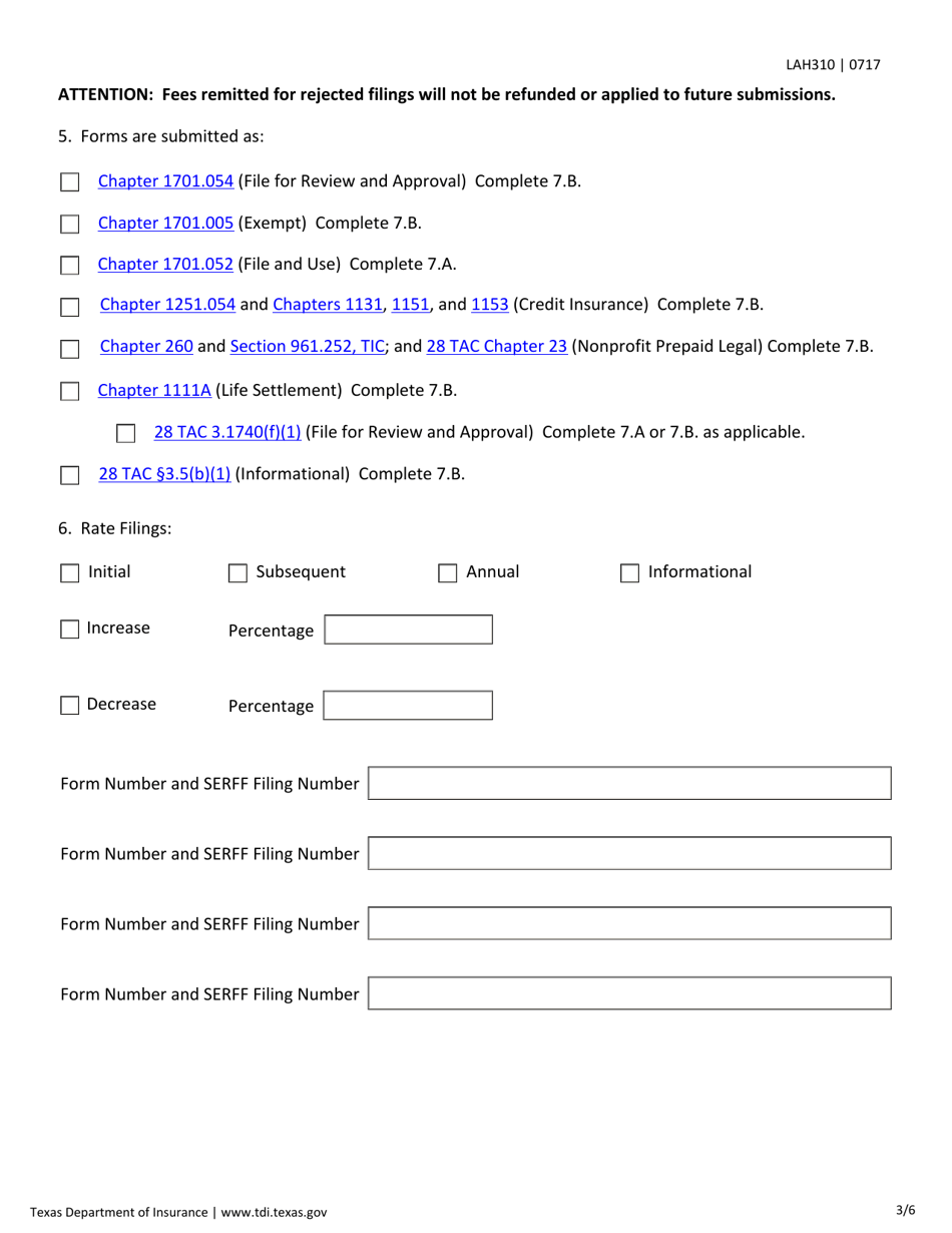 Form LAH310 Transmittal Checklist for Life / Health Rate and Form Filings - Texas, Page 3