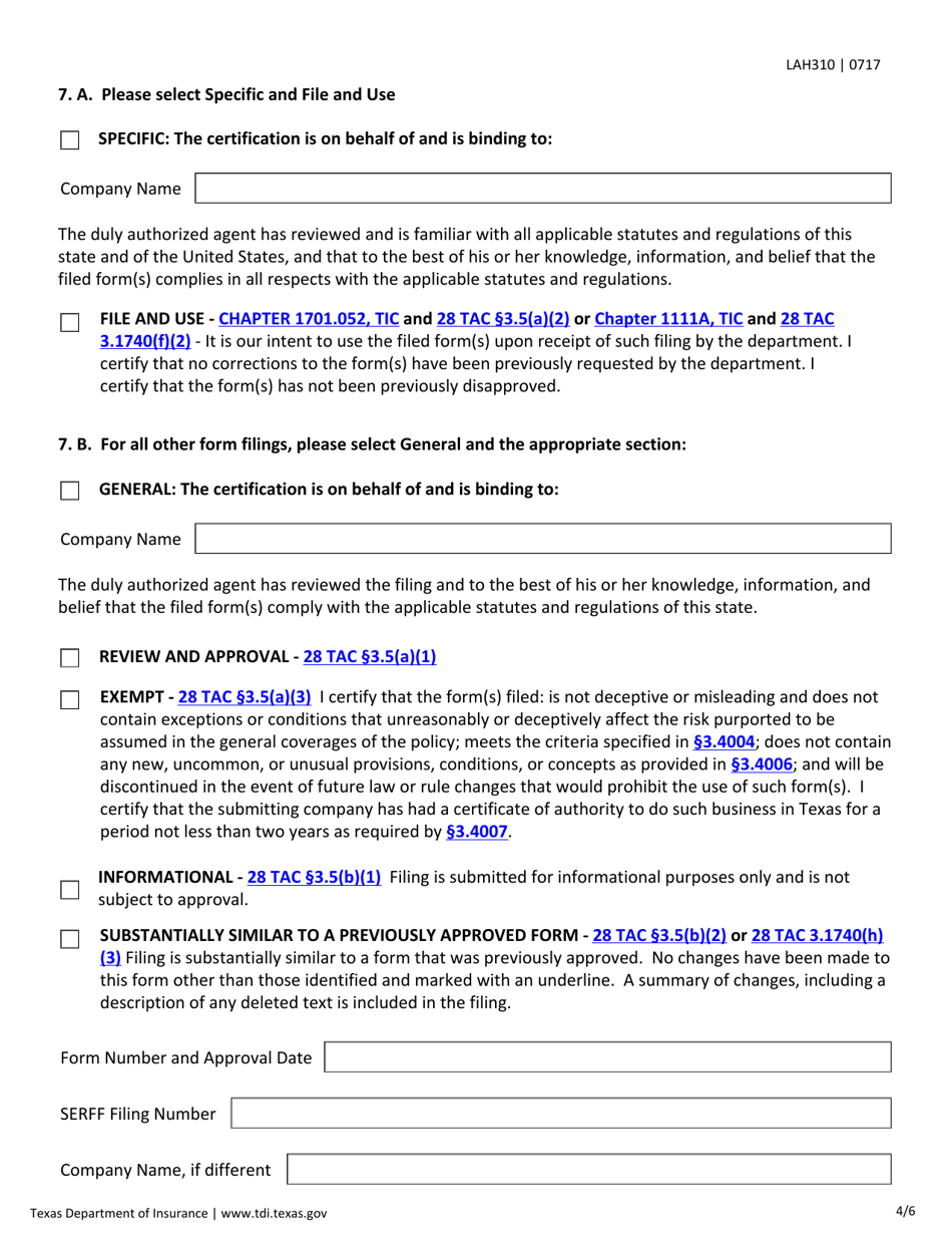 Form LAH310 Transmittal Checklist for Life / Health Rate and Form Filings - Texas, Page 4