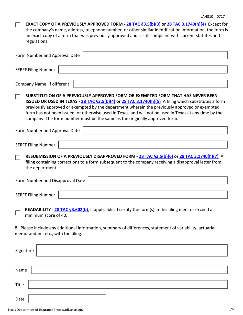 Form LAH310 Transmittal Checklist for Life / Health Rate and Form Filings - Texas, Page 5