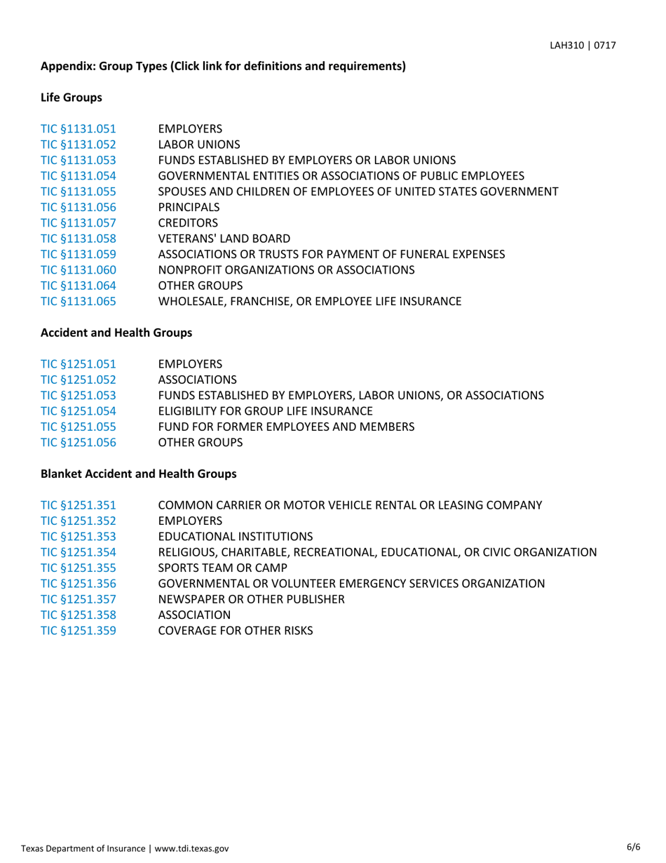 Form LAH310 Transmittal Checklist for Life / Health Rate and Form Filings - Texas, Page 6