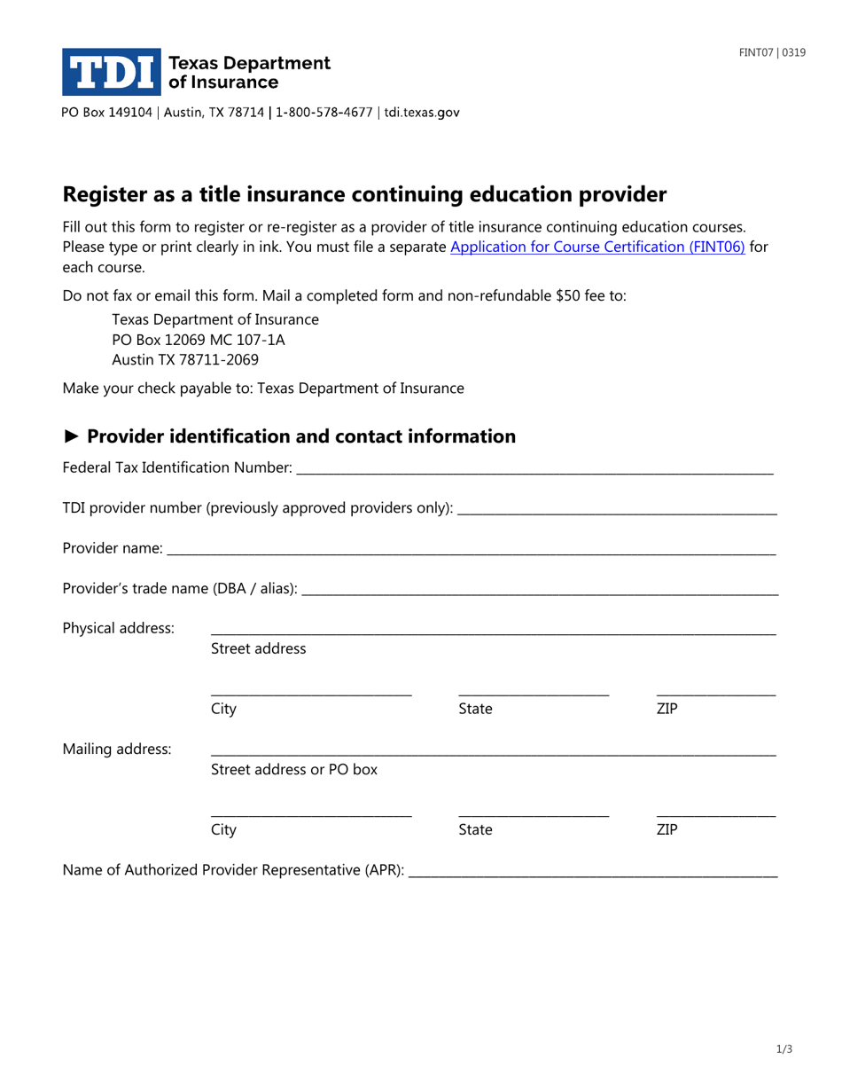 Form FINT07 Register as a Title Insurance Continuing Education Provider - Texas, Page 1