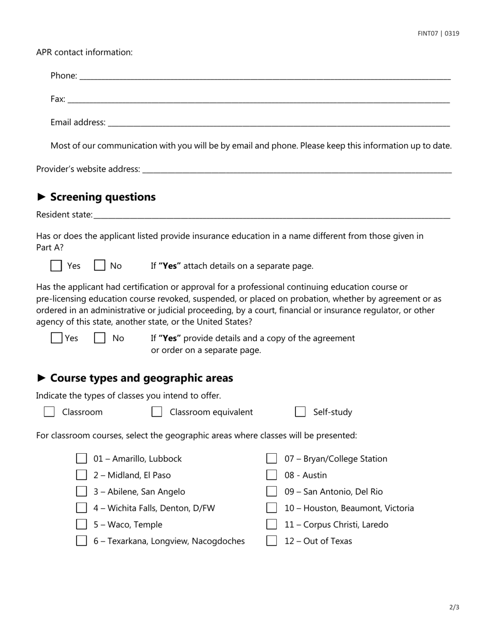 Form FINT07 Register as a Title Insurance Continuing Education Provider - Texas, Page 2