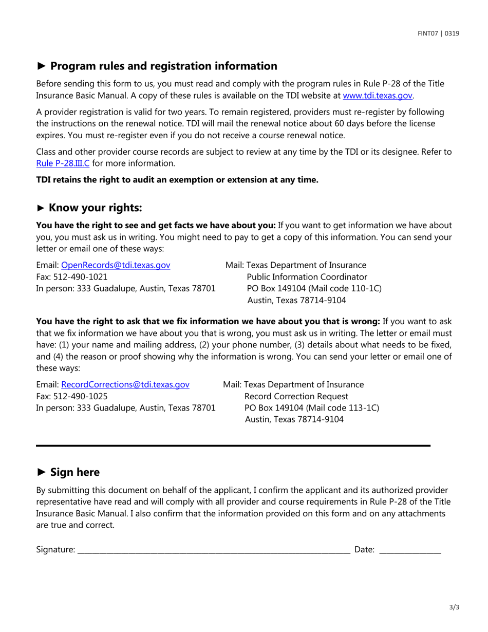 Form FINT07 Register as a Title Insurance Continuing Education Provider - Texas, Page 3