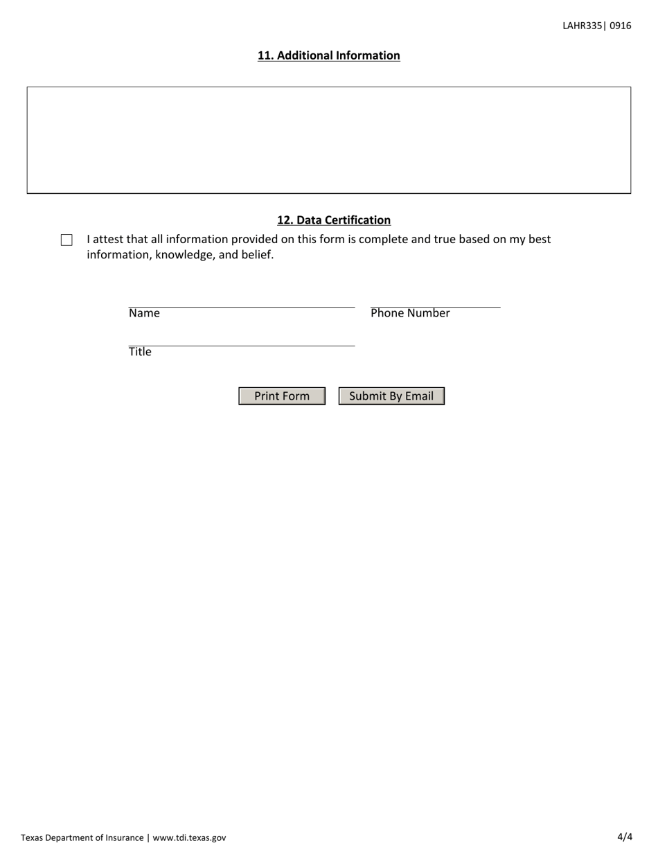 Form LAHR335 (1212 CERT DATA) Annual Small Employer Health Benefit Plan Report - Texas, Page 4