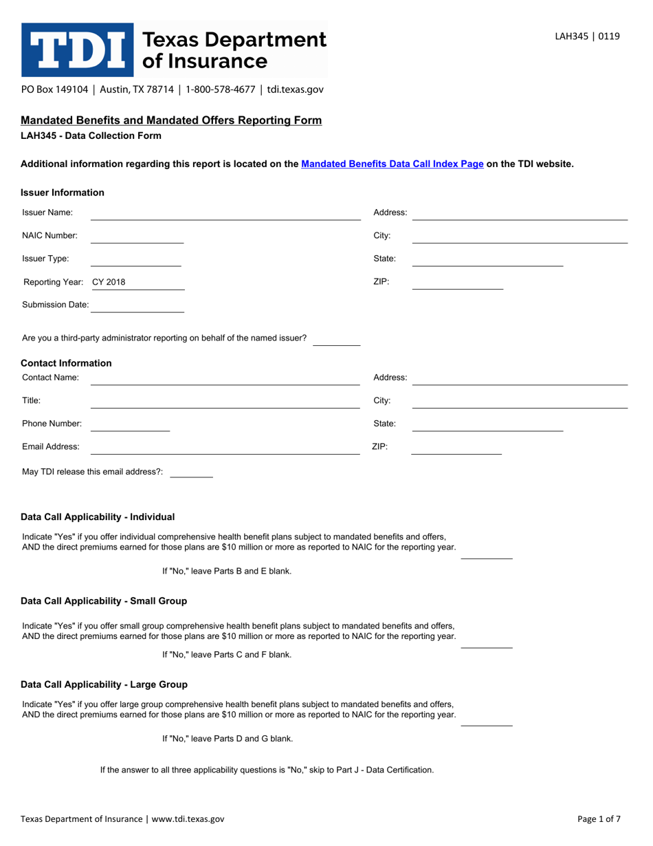 Form LAH345 Mandated Benefits and Mandated Offers Reporting Form - Texas, Page 1