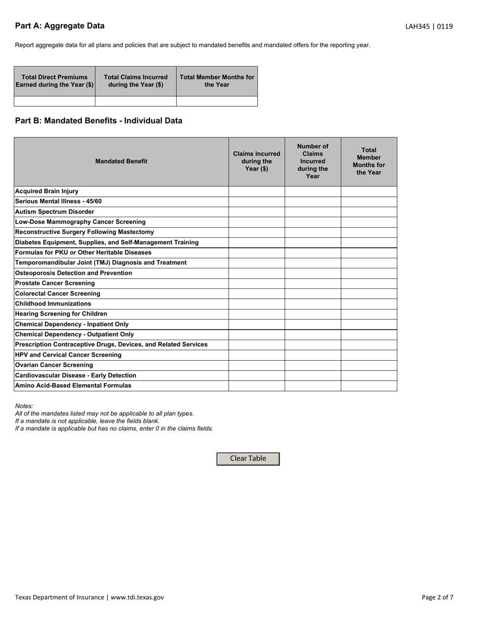 Form LAH345 Mandated Benefits and Mandated Offers Reporting Form - Texas, Page 2