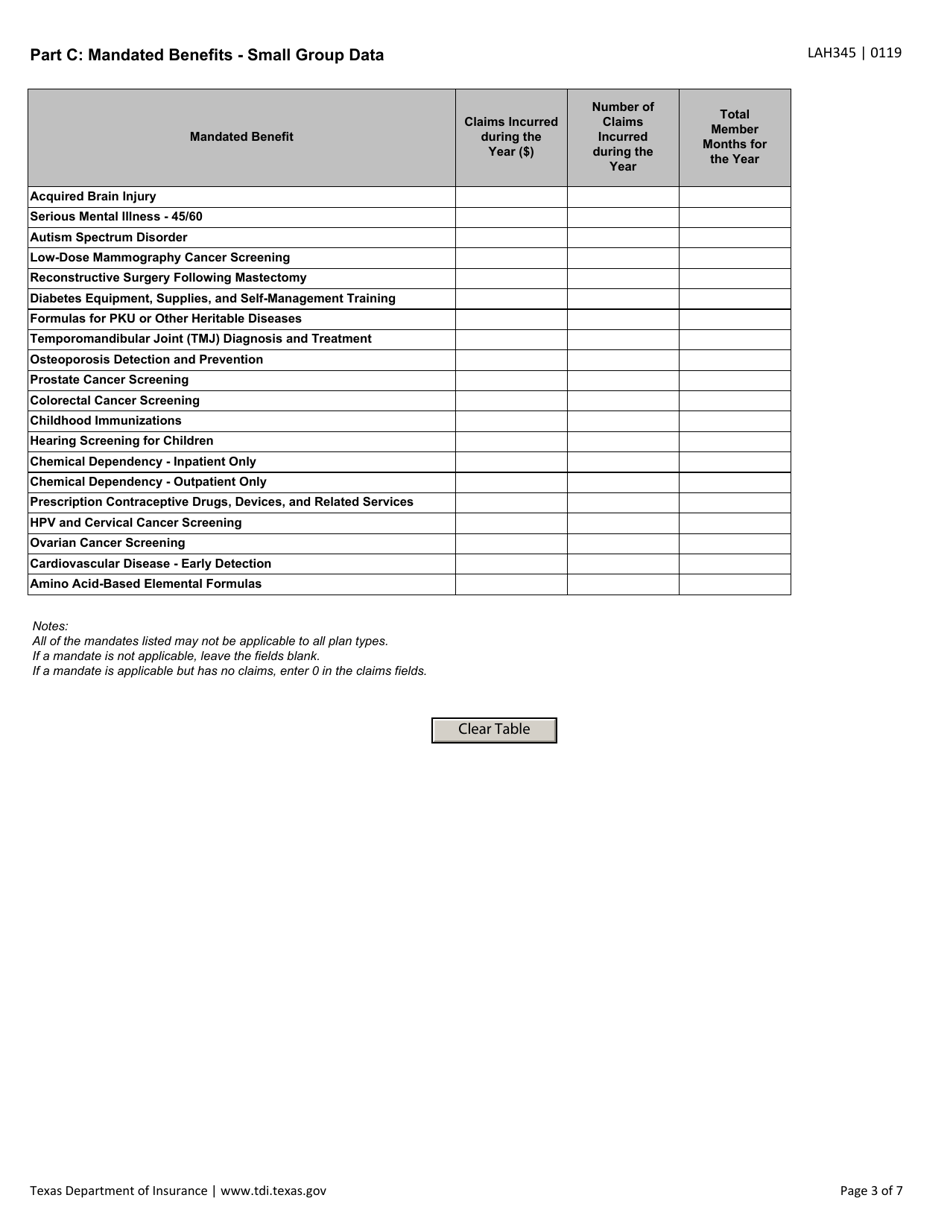 Form LAH345 Mandated Benefits and Mandated Offers Reporting Form - Texas, Page 3