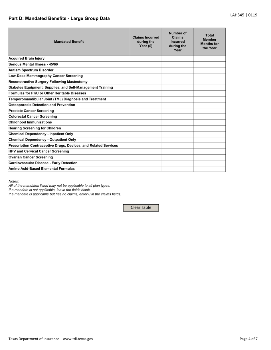 Form LAH345 Mandated Benefits and Mandated Offers Reporting Form - Texas, Page 4