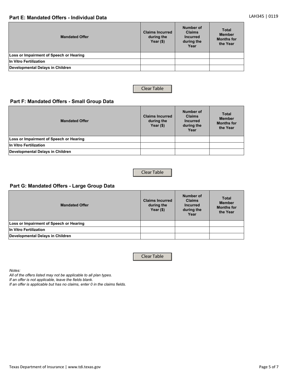 Form LAH345 Mandated Benefits and Mandated Offers Reporting Form - Texas, Page 5