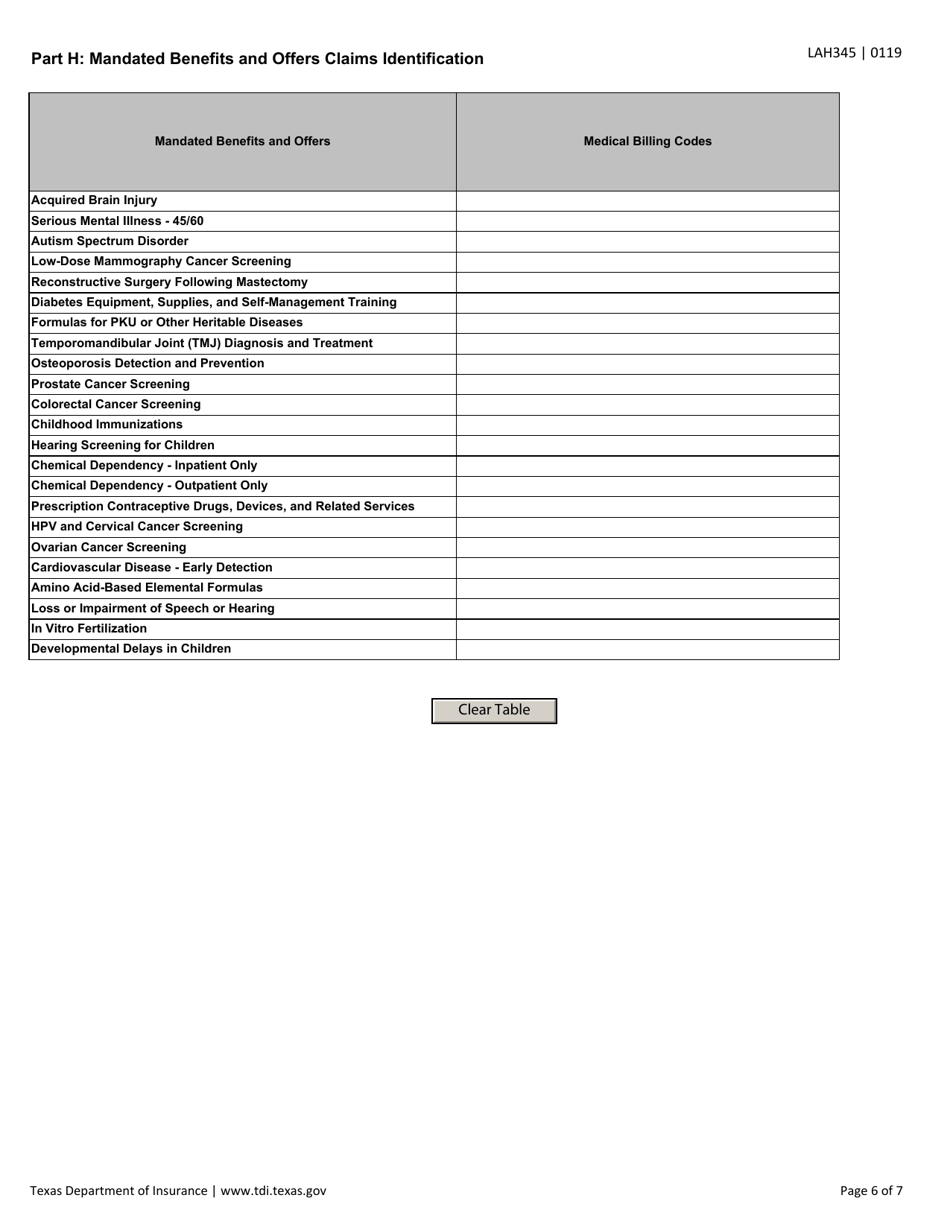 Form LAH345 Mandated Benefits and Mandated Offers Reporting Form - Texas, Page 6