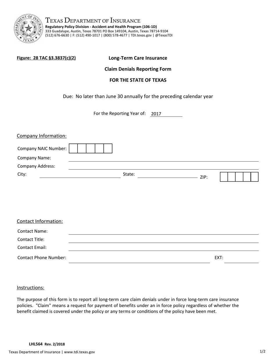 Form LHL564 Long-Term Care Insurance Claim Denials Reporting Form - Texas, Page 1