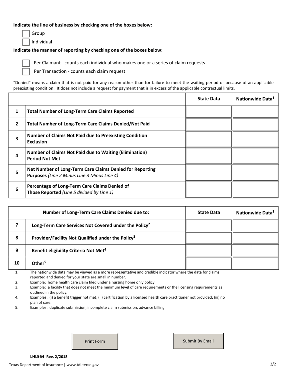 Form LHL564 Long-Term Care Insurance Claim Denials Reporting Form - Texas, Page 2
