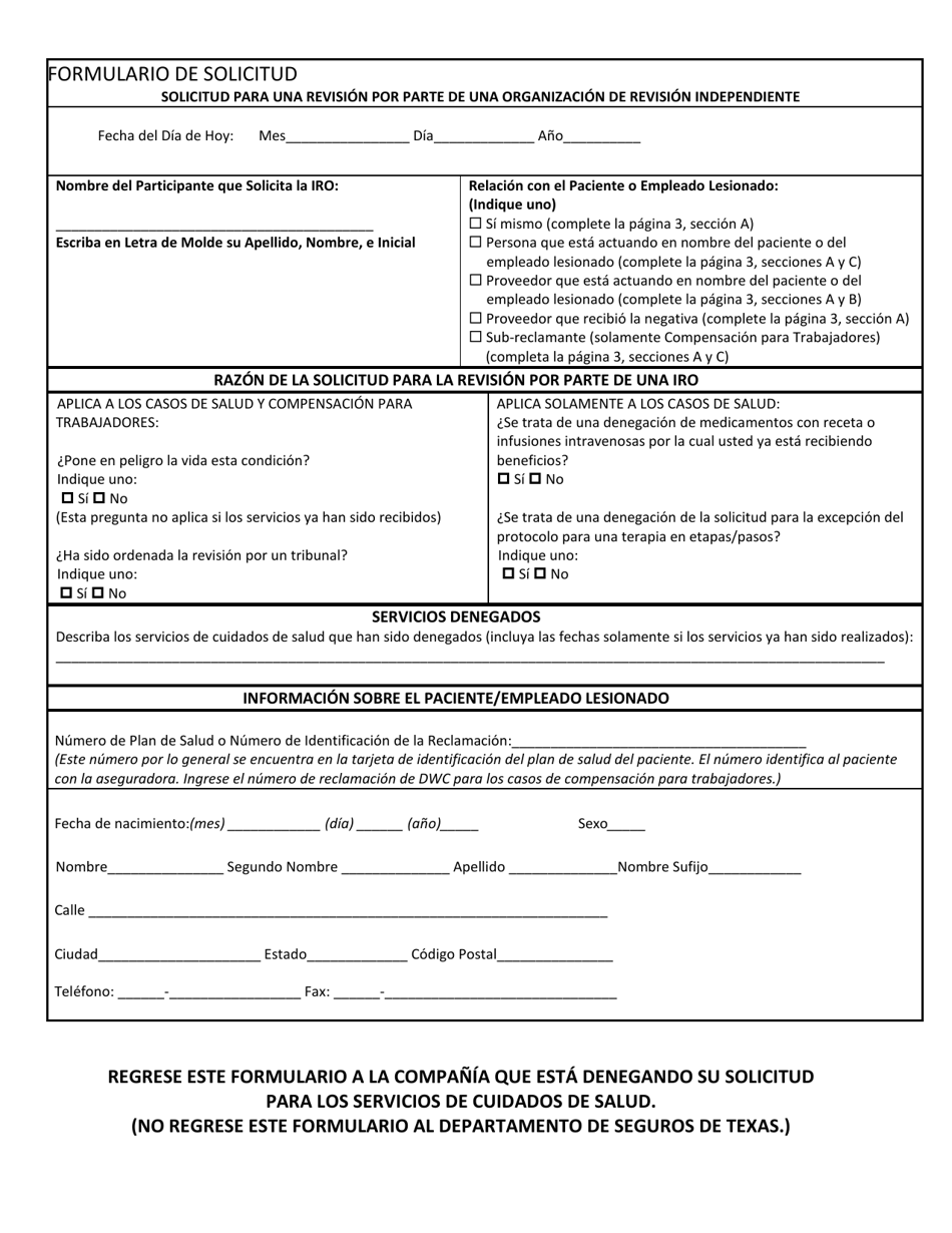 Formulario LHL009 Solicitud Para Una Revision Por Parte De Una Organizacion De Revision Independiente - Texas (Spanish), Page 2
